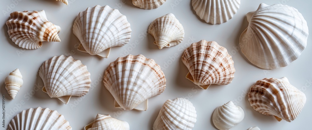 Poster assorted sea shells in various sizes and shapes arranged on a light background natural marine textur