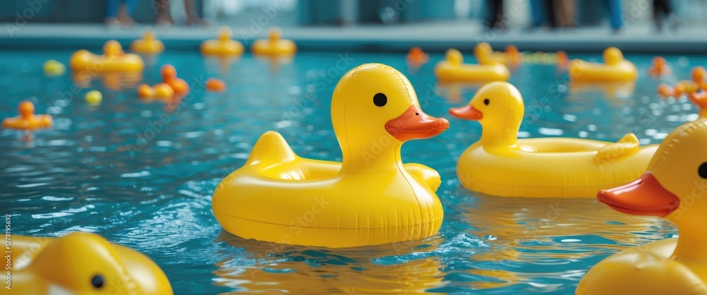 Poster yellow rubber ducks floating on the surface of a swimming pool with additional ducks and colorful ba