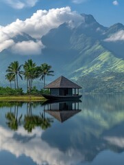 Obraz premium Serene lake landscape with a floating hut reflecting in calm water surrounded by palm trees and majestic mountains under a cloudy sky