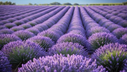 Obraz premium Lavender field with vibrant purple flowers arranged in symmetrical rows under clear blue sky in a rural landscape