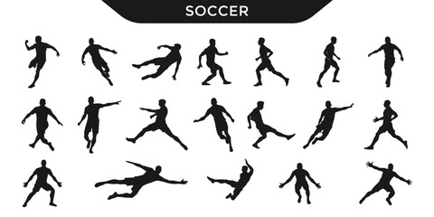 Silhouettes of soccer players in various action poses