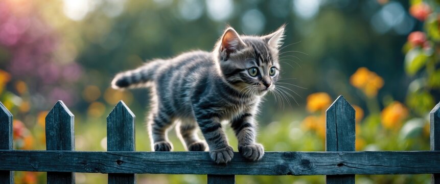 Striped gray kitten climbing over wooden fence in garden surrounded by colorful flowers, soft natural lighting in background - Powered by Adobe