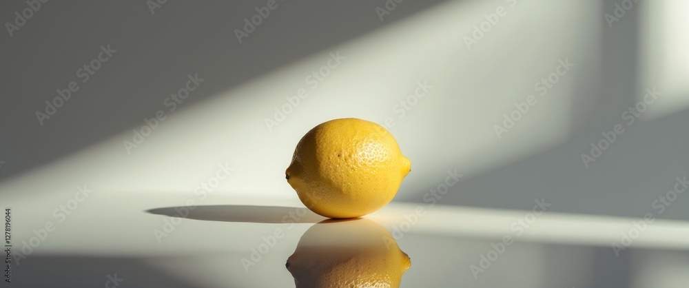 Poster single yellow lemon on a reflective surface with soft light and shadows creating a minimalistic comp
