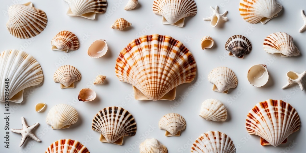 Poster assorted seashells and starfish arranged on a white background in various sizes and shapes with intr