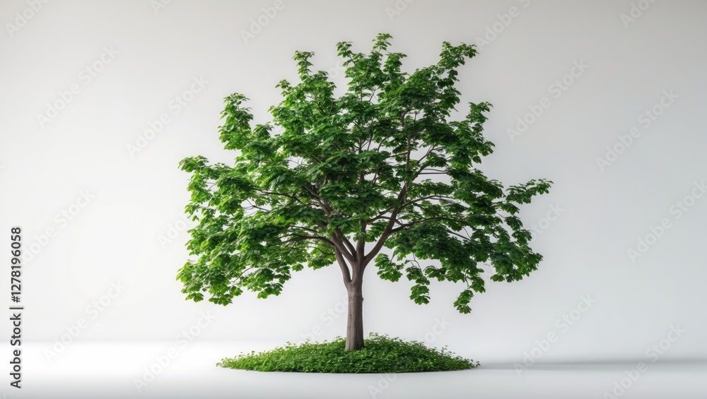 Poster realistic 3d model of a lush green tree on a minimalistic background with grass and soil base