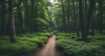 Obraz premium forest path surrounded by lush green foliage and trees in a peaceful natural setting during daylight