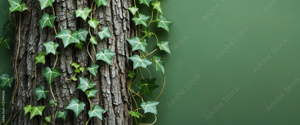 Poster ivy climbing on rough tree bark with a textured green background minimalist composition