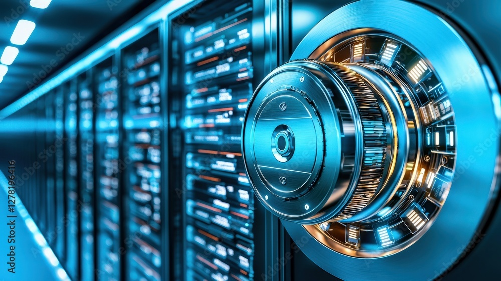 Poster high-tech data center with secure storage system