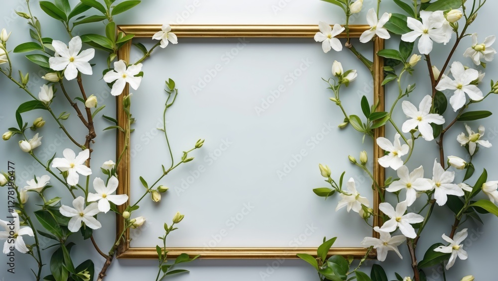 Poster floral frame with white flowers and green leaves on a light background empty space for text or image