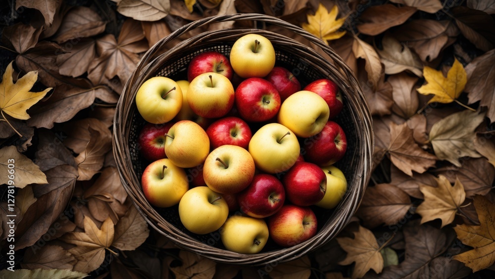 Poster assorted red and yellow apples in a wicker basket on a bed of autumn leaves top view composition