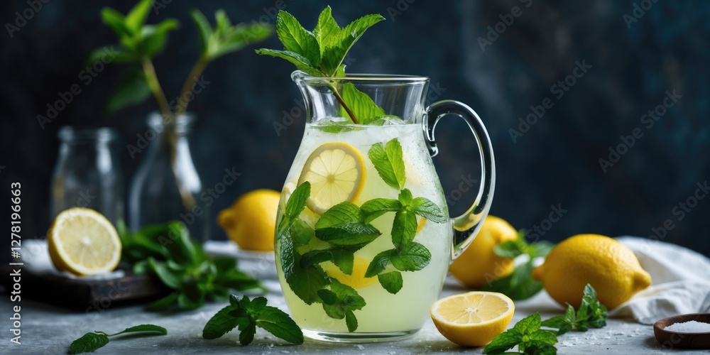 Poster lemonade pitcher with fresh mint and lemon slices on a table with lemon fruits and herbs in a rustic