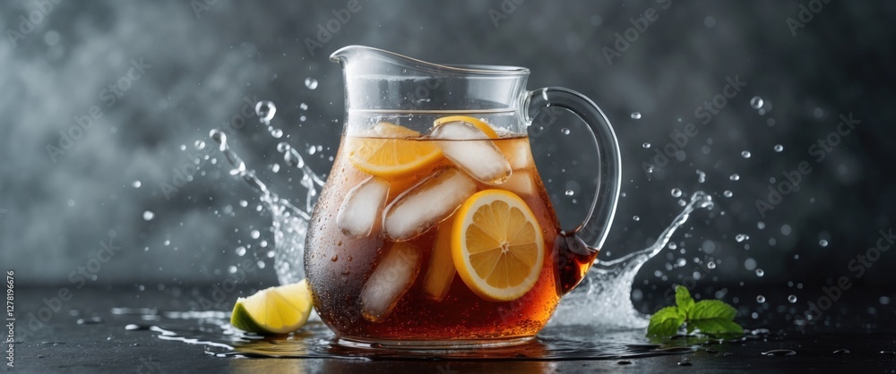 Poster iced tea pitcher with lemon slices and ice cubes splashing on a dark background with mint and lime g