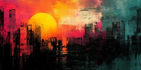 Fototapeta premium a colorful city skyline silhouetted against a vibrant sunset with bold brushstrokes