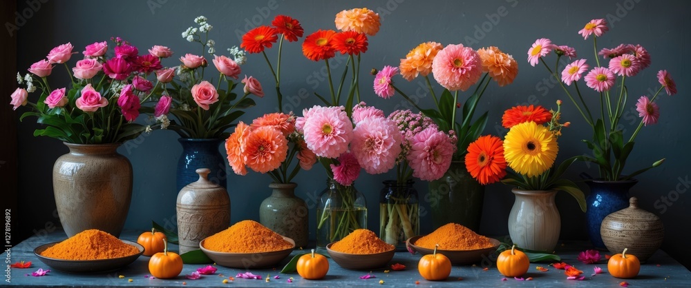 Poster colorful arrangements of flowers in vases with bowls of spices and oranges on a table creating a vib