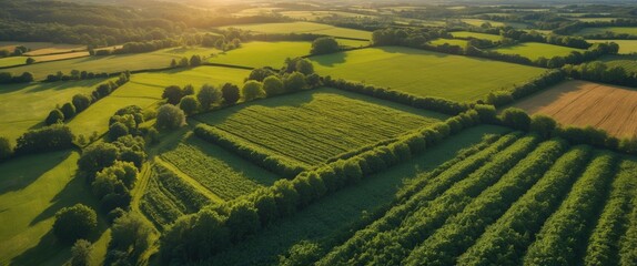 Naklejka premium Aerial view of lush green agricultural fields with trees and hedgerows under warm sunlight in a rural landscape.