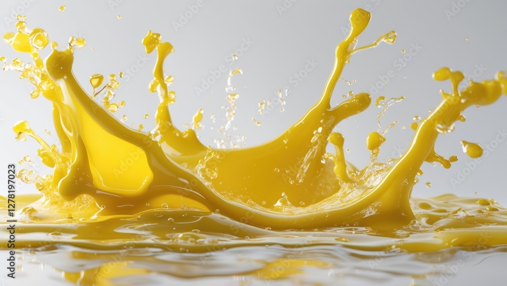 Poster yellow liquid splash with droplets on a reflective surface creating dynamic shapes and textures in a