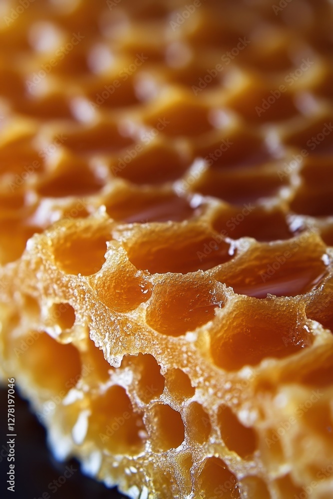 Aufkleber intricate honeycomb structure filled with golden honey reflecting light in a macro shot showcasing n