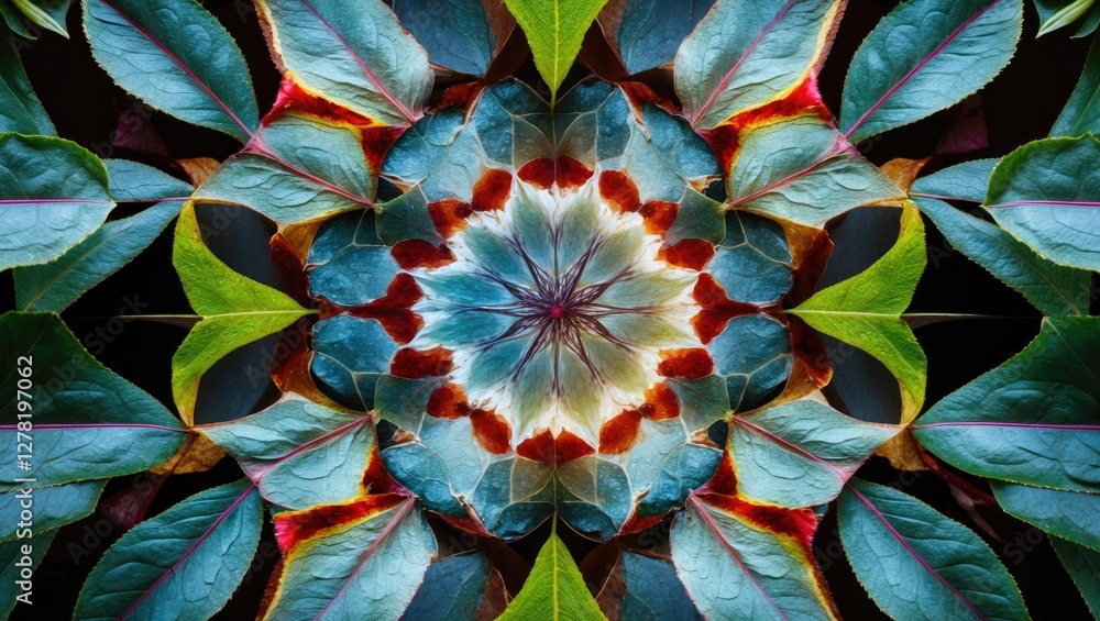 Poster colorful symmetrical pattern created from various leaves against a dark background showcasing intric