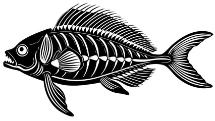 Fish Skeleton X-Ray View with Detailed Anatomy in Black and White Scientific Drawing