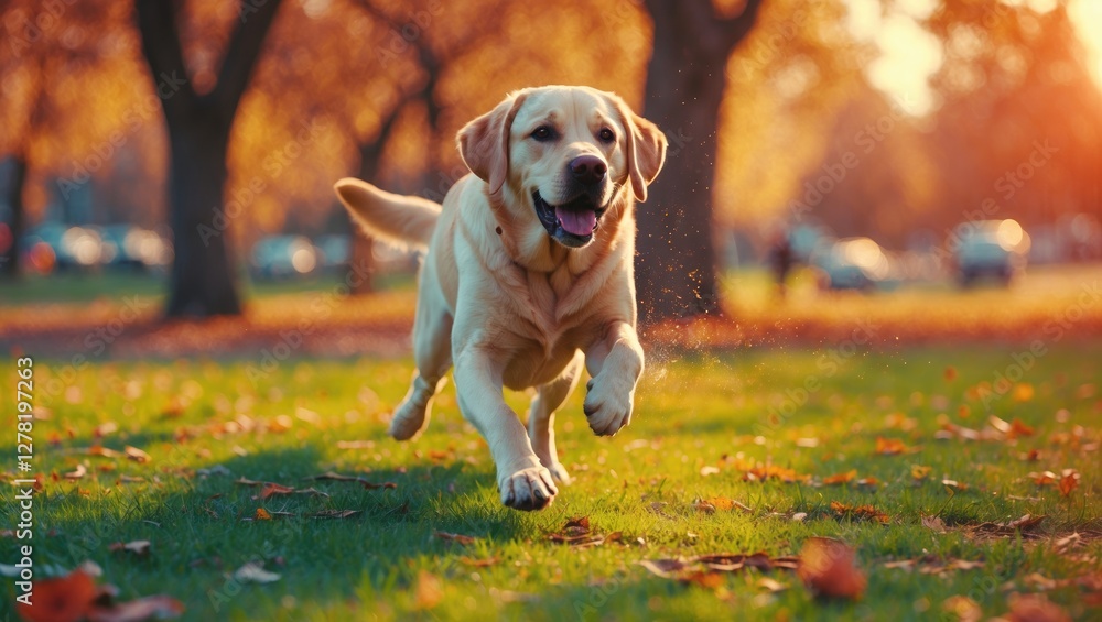 Poster labrador retriever running joyfully in a sunlit autumn park with colorful leaves on the ground and t