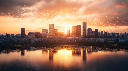Fototapeta premium Connected city skyline at sunset, reflecting in water.