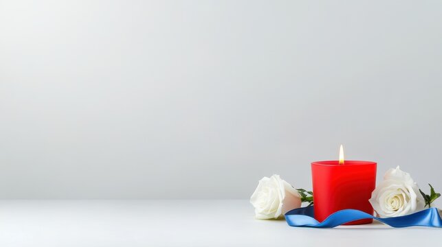 Peaceful Memorial Day Tribute with Red Candle, White Roses, and Blue Ribbons on Flat Lay Composition