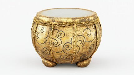 Gilded Lucky Drum with Squared Shape and Decorative Patterns