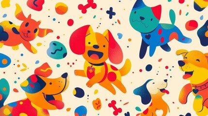 Playful dogs in a colorful abstract pattern background