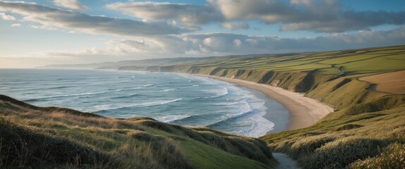 Coastal landscape with rolling green hills and beach, waves crashing on shore under cloudy sky in afternoon light
