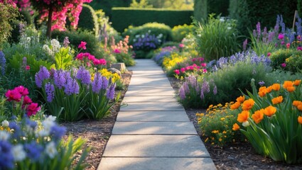 Colorful flower garden pathway with vibrant flowers and green foliage during daytime in a residential area