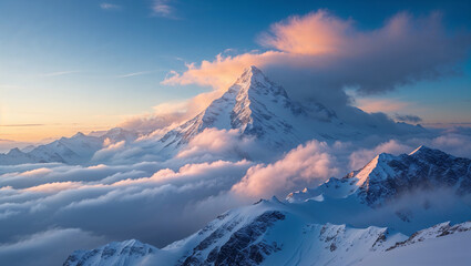 Majestic snow capped mountain peaks emerging from a sea of clouds at sunset