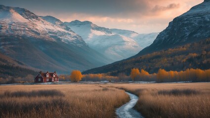Mountain landscape with a red house in a valley surrounded by autumn foliage and snow-capped peaks under a dramatic sky.