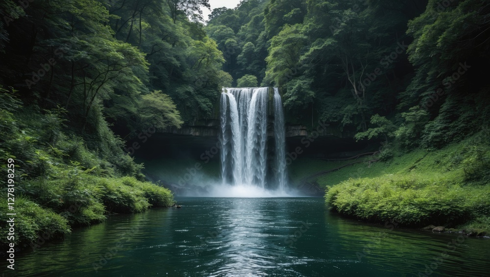 Poster waterfall cascading into a tranquil pool surrounded by lush green foliage in a dense forest setting