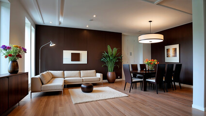 Fototapeta premium Modern living room and dining room with brown wall and hardwood floor