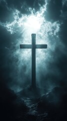 Naklejka premium Dramatic Cross Silhouette Against a Misty Sky Symbolizing Faith Hope and Spiritual Reflection in a Serene Setting