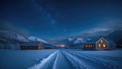 Snow-covered rural landscape at night with wooden houses and starry sky in winter setting.