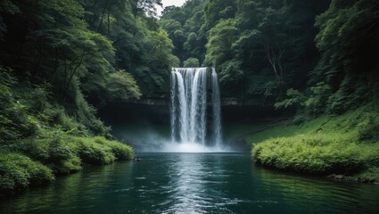 Waterfall cascading into a tranquil pool surrounded by lush green foliage in a dense forest setting