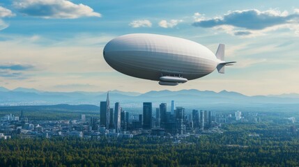 A zero-emission airship flying over a futuristic sustainable city