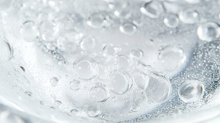 Ethereal white cosmetic gel texture with delicate water droplets, silky smooth transparent serum waves, floating oxygen bubbles, premium skincare photography, pure crystalline surface, luxury beauty