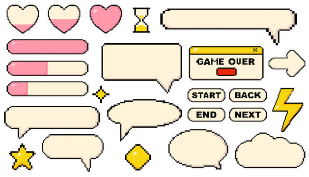 Pixels elements for game vector set. Pixel dialogue boxes, hearts, chat speech bubbles, flash message frames with text or empty dialog communication box in 8 bit retro style. Pixelated arrow, heart