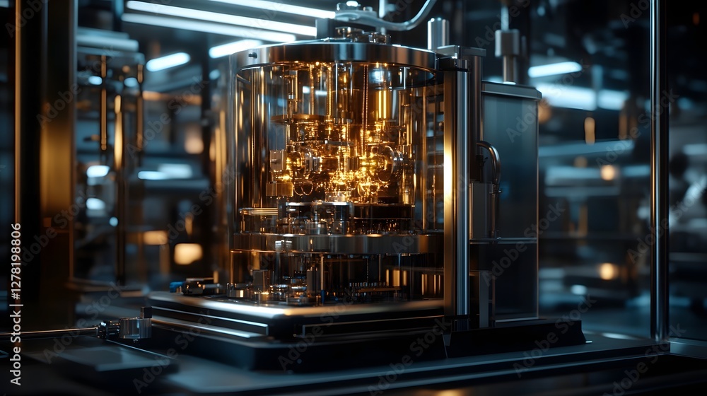 Aufkleber Futuristic and high tech image showcasing a complex quantum computing processor with an intricate metallic circuit design and a dark dimensional geometric pattern  The image has a captivating
