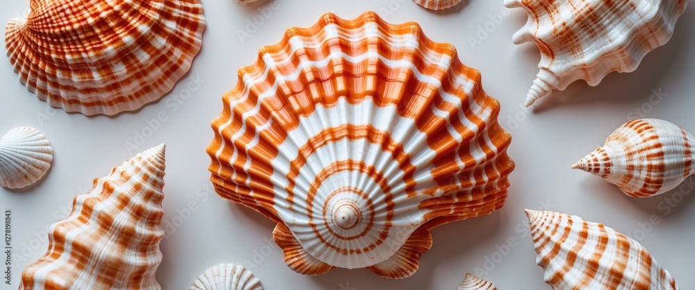 Poster variety of colorful seashells arranged on a white background highlighting textures and patterns in m