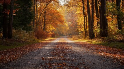 Fototapeta premium Scenic Autumn Road Through Vibrant Forest in Golden Light