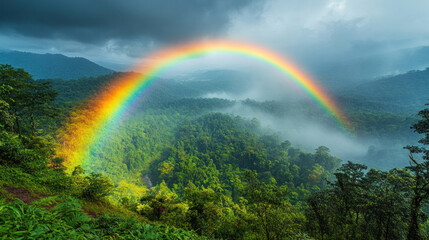 Rainbow stretching across a lush valley after a heavy rainstorm, with mist rising from the forest