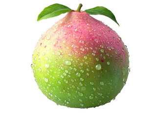 Fresh Single Guava with Water Droplets on a Green and Pink Skin Isolated on White Background