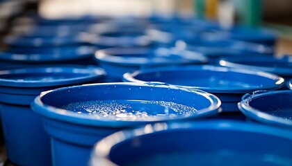 Blue buckets filled with water in a factory