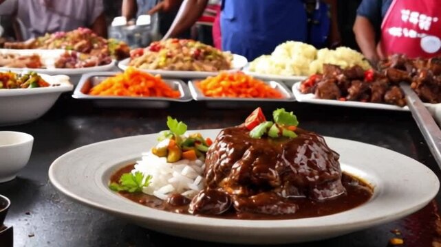 Delicious Plate of Tender Meat with Rich Sauce and Rice