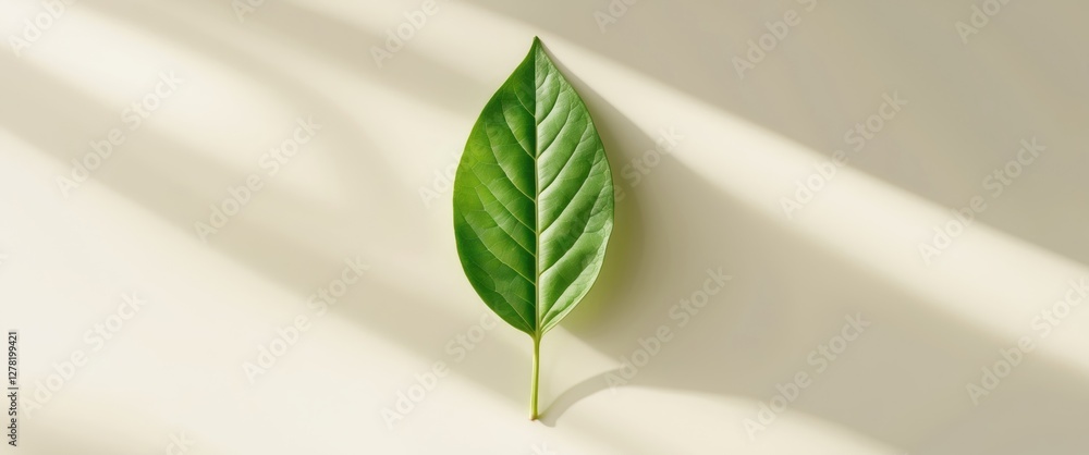 Poster single green leaf placed on a light background with soft shadows illustrating natural texture and si