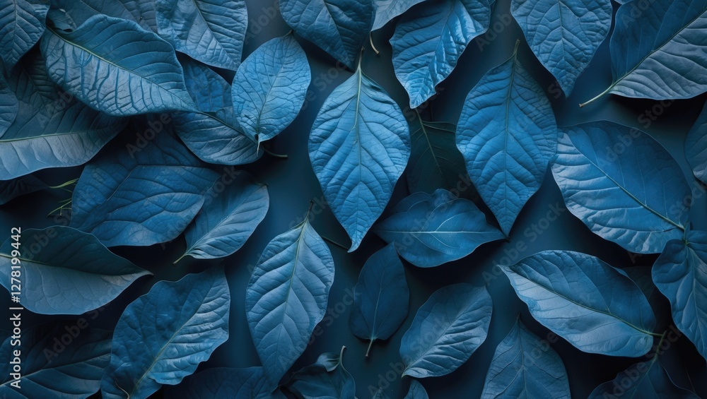 Poster blue toned leaves arranged on a flat surface creating a textured background pattern with varying sha