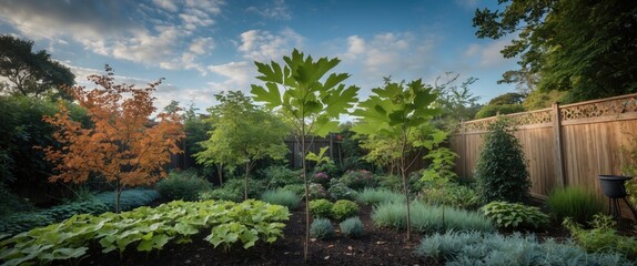 Lush garden landscape featuring diverse plants and trees with a wooden fence and cloudy sky in the background during daylight.